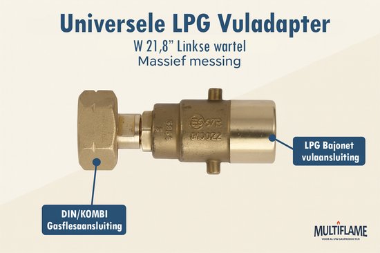 Vuladapter gasfles - Universele DIN/Shell – 21,8 mm links LPG – massief messing van Merkloos