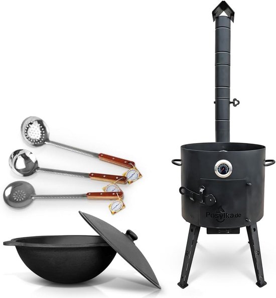 Vuurkachel met pan - Gietijzeren ketel - Buiten koken - Met thermometer - 12 Liter - Set 4