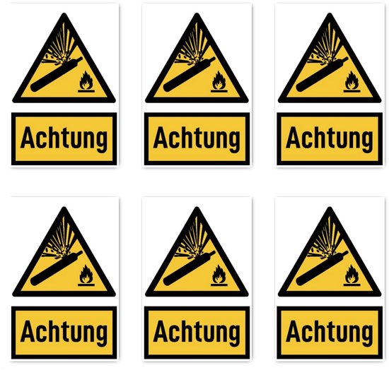 Waarschuwingssticker Opgelet Gasflessen 75x50 mm Geel Zwart Set van 6