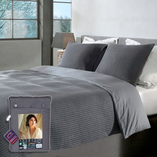 Wafel Dekbedovertrek - LitaLente Antraciet - 100% Katoen - Luxe & Ademend - Inclusief 1 Kussenslopen 60x70 cm - Hotelkwaliteit - Krimpvrij & Duurzaam - Geschikt voor Dekbed 140x220 cm van LitaLente