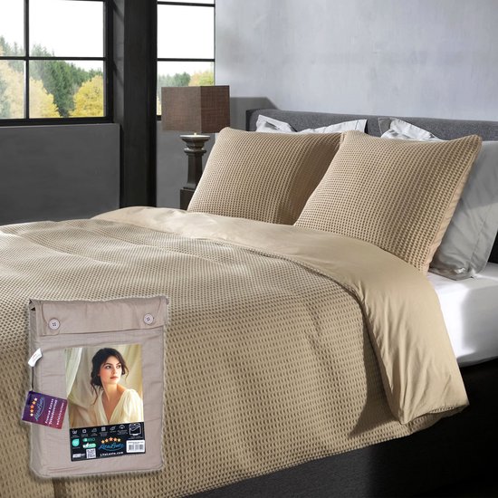 Wafel Dekbedovertrek – LitaLente Taupe – 100% Katoen – 200x220 cm – Luxe & Ademend – Inclusief 2 Kussenslopen 60x70 cm – Hotelkwaliteit – Krimpvrij & Duurzaam – Geschikt voor Dekbed 200x220 cm van LitaLente