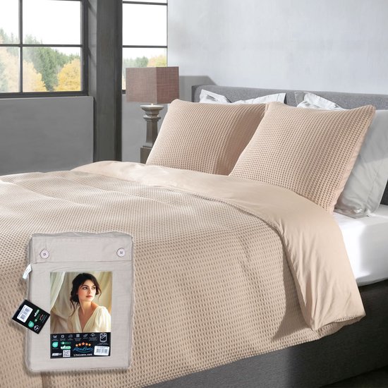Wafel Dekbedovertrek – LitaLente Zand – 100% Katoen – 200x220 cm – Luxe & Ademend – Inclusief 2 Kussenslopen 60x70 cm – Hotelkwaliteit – Krimpvrij & Duurzaam – Geschikt voor Dekbed 200x220 cm van Merkloos