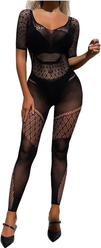 Walang Stretchy panty voor dames, holle mesh lingerie, badydoll, visnet, korte mouwen, eenheidsmaat, jumpsuit, bodysuit, shapewear