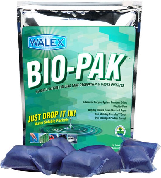 Walex® Bio-Pak Biologisch hygiënisch Power pods toilet poeder. Vervanger van de chemische blauwe toiletvloeistof. Op basis van enzymen. Biologisch afbreekbaar. van Walex