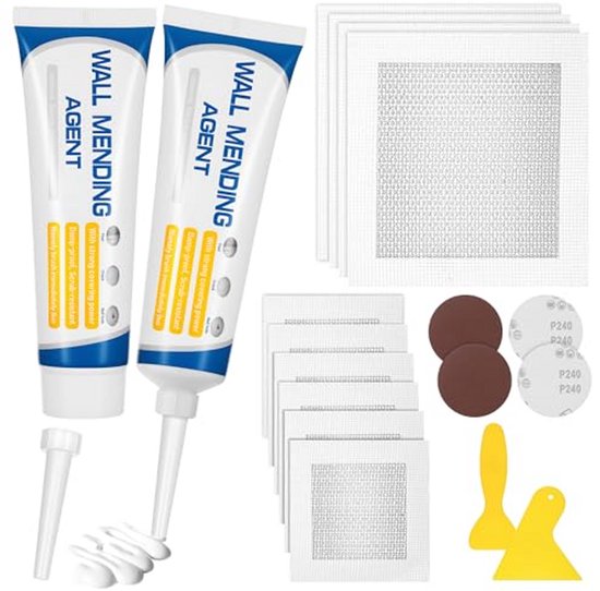 Wandreparatieset 18-delig met plamuurspatel, patches, schuurpapier en plamuurmassa voor eenvoudige reparaties van Merkloos