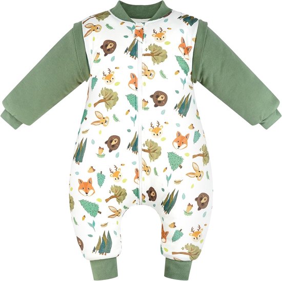 Warme Baby Slaapzak met Voeten voor Winter, 3.5 Tog, Lange Mouwen, 100% Katoen, Verstelbare Mouwen, Geschikt voor Jongens en Meisjes, Donkergroen, 80/2-3 Jaar