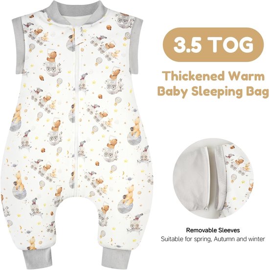 Warme Slaapzak met Voeten voor Kinderen, 3.5 Tog, Geschikt voor Winter, Dikke Slaapzak met Verwijderbare Katoenen Mouwen, Ideaal voor Baby's en Peuters, Grijs, 80/2-3 Jaar