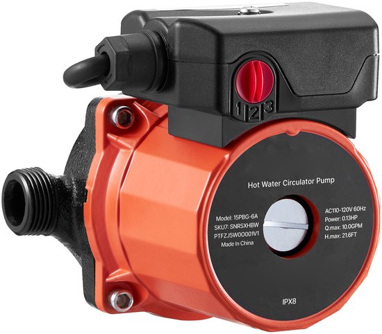Warmwaterrecirculatiepomp, 38 l/min, instant circulatiesysteem met 3 snelheidsinstellingen, 100 W, AC 220-240 V, G3/4 naar G1/2 adapter, duurzame gietijzeren kop, geschikt voor boilersystemen van KolerFlo