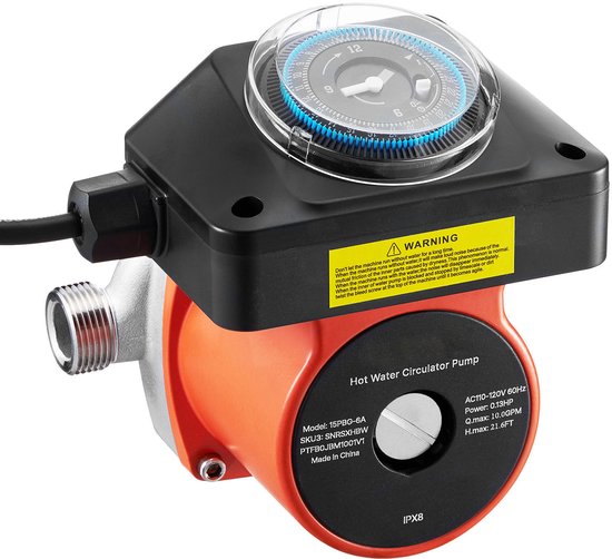 Warmwaterrecirculatiepomp met timer, debiet 38 l/min, circulatiesysteem 100 W, wisselstroom 220-240 V, aansluiting G3/4 naar G1/2, geschikt voor boilers en zonneboilers