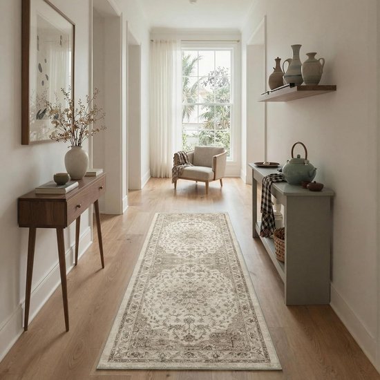 Wasbare loper (80 x 150 cm) voor de gang, antislip tapijt met korte pool en vintage Perzisch patroon, ideaal voor slaapkamer, eetkamer en woonkamer, bruin