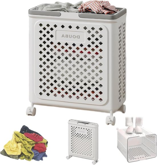Wasmand Met Wielen - Opvouwbare Mand - Huis Organiseren - Lichtgewicht PP Materiaal - 49 cm Hoog - Wit