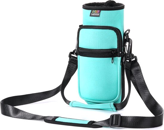 Water Bottle Carrier Bag - Adjustable Shoulder Hand Strap - 2 Pocket Sling Neoprene Sleeve - for Men Women Kids - Hiking Travelling Camping - Turquoise bottle bag van Onefeng Sports
