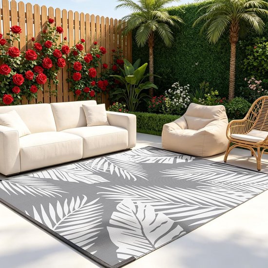 Waterdicht en omkeerbaar kunststof tapijt met bladerenpatroon, lichtgewicht en opvouwbaar voor camping, terras, tuin en picknick (150 x 240 cm)