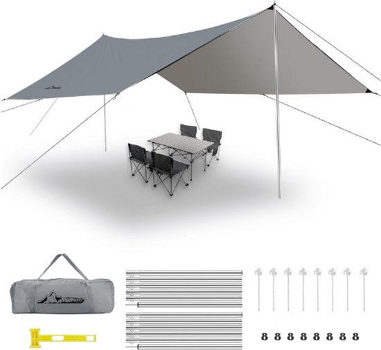 Waterdichte Camping Tarp - Anti-UV Tentzeil 3,6x4,8m Met Stokken, Fluorescerende Haringen En Scheerlijnen - Ultralaaggewicht Voor Kamperen, Hiking En Picknick - Grijs van Merkloos