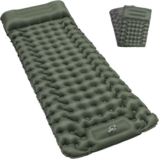 Waterdichte Isolatiemat - Donkergroen - Een - Ultralicht Opblaasbaar Matras met Voetpers - Voor Camping en Outdoor