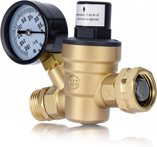 Waterdrukregelaar 3/4 Inch, Verstelbare Messing Waterdrukverlager met Meter en Inlaatfilter voor Caravan en Reisaanhangwagen