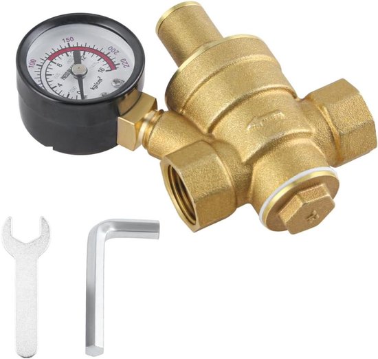 Waterdrukregelaar Messing - Drukreduceerventiel DN15 - Waterdruk Stabiliseren - Met Manometer - DN15 1/2 Inch - Messingkleurig