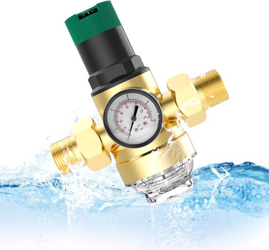 Waterdrukverminderaar met manometer, waterfilter, 1/2 inch, huisaansluiting, drukverminderaar water, met waterdrukmeter en mesh-filter, wateroverdrukventiel van messing voor het regelen van de