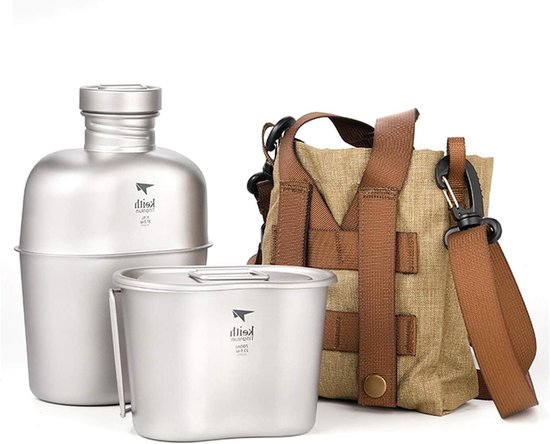 Waterfles Set - Camping Beker - Outdoor Activiteiten - Ultralicht Titanium - 1.1L + 700ml - Grijs