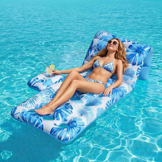 Waterhangmat-waterhangmat volwassenen-Opblaasbare zwembadmatras voor volwassenen - Stevige opblaasbare ligstoel - met dubbele bekerhouders en verstelbare rugleuning - Lekvrije matras - Blauw - 180x90 cm