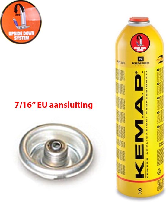 Wegwerpcilinder UPsideDOWN KEMAP 7/16"EU aansluiting - werkt zonder steekvlammen - gaspatroon 250gram - geschikt voor hardsolderen - solderen - verhitten - gasfles van CFH