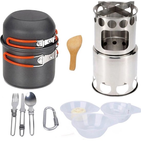 WeXplore Pannenset - Draagbare Camping Kookgerei Set met Houtkachel - Compact, Lichtgewicht en Duurzaam - Voor Outdoor, Hiking & Kamperen - Survivalset