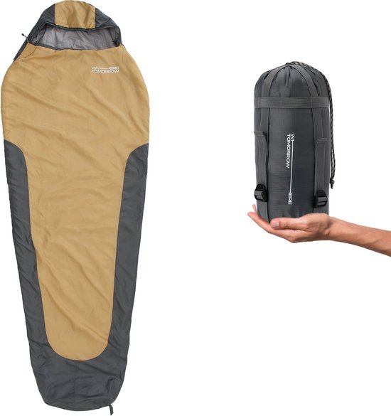 Where Tomorrow Camping Slaapzak Klein & Licht - Mummieslaapzak met zak - 220 x 80 x 50 cm - Curry grijs van Where Tomorrow