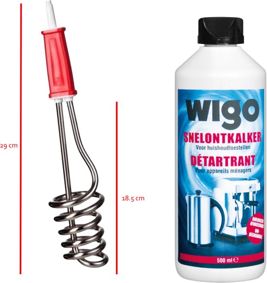 WIGO TS104 Dompelaar 1000W – Elektrische Waterverwarmer / Dompelverwarming + WIGO Snelontkalker 500 ml van Merkloos