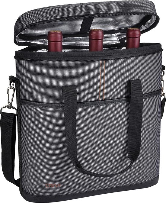 Wijndrager voor 3 flessen - picknick koeler draagtas - gewatteerde wijntas met schouderriem - gratis kurkentrekker - grijs bottle bag van Merkloos