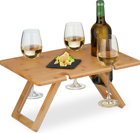 wijntafel opvouwbaar - 20x40x30 cm - voor 4 glazen - picknicktafel - bamboe van Merkloos