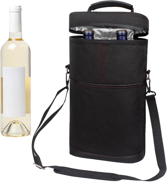Wijntas geïsoleerd - wijnkoeltas met draaghengsels voor veilig vervoer van wijnflessen, geschikt voor picknick, diner, reizen en cadeau geven - zwart