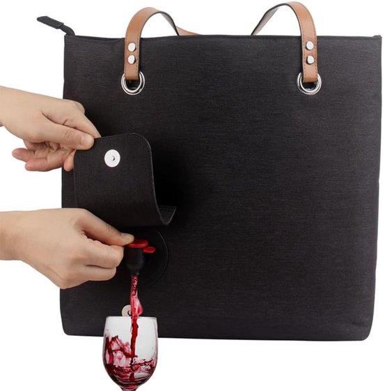 Wijntas met verborgen schenktuit - Strandtas voor dames - Geïsoleerde schoudertas - Unisex - Wijntas met schenktuit - Om wijn vast te houden en uit te schenken - Voor volwassenen, buitenliefhebbers en sociale drinkers - Zwart - 32 x 33 cm van Merkloos