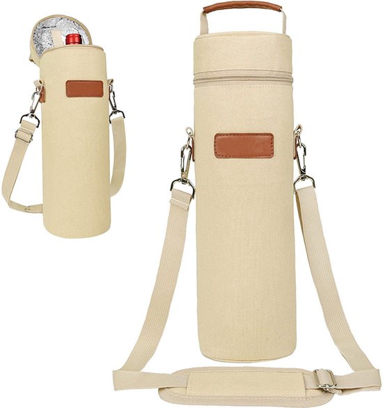 Wijntas voor 1 fles - geïsoleerde wijnkoeltas met handvat, herbruikbare draagtas voor picknick, strand, diner en onderweg - beige