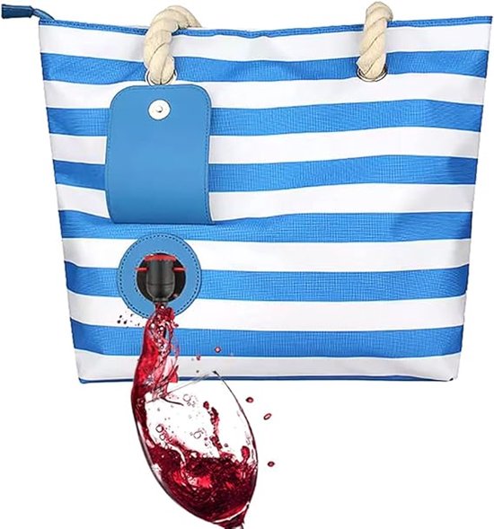 Wijntas voor op het strand - Wijnkoeltas - Lekvrije geïsoleerde tas - Verborgen compartiment met schenktuit - Geschikt voor 2 flessen wijn - Gestreept ontwerp - Geschikt voor reizen, restaurants, feesten en picknicks - Blauw, wit van Merkloos