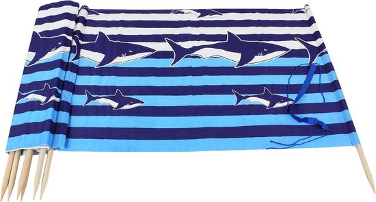 Windscherm strand lengte 8 meter in witte marineblauwe en blauwe strepen met haaien en schouderriem van Merkloos