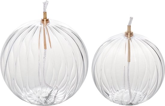WinQ!- Olielamp in Bolvorm met Ribbelstructuur 10en 12cm Set 2st-helder glas-inclusief Lont-makkelijk hervulbaar-mooie warme sfeerverlichting van Merkloos