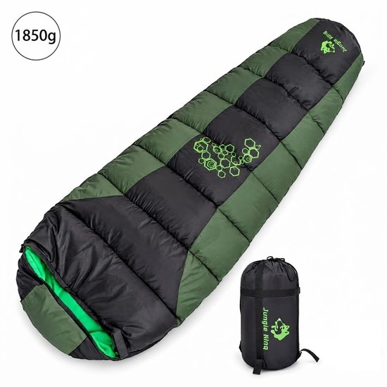 Winterslaapzak -5°C Comfort, Mummyslaapzak met Capuchon – Waterafstotende Camping Slaapzak voor Kamperen, Wandelen en Reizen – 220 x 80 x 50 cm, 1,85 kg, Groen/Zwart