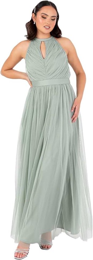With Love Maxi-jurk voor dames, mouwloos, haltertop, sleutelgat, sjerp, ceintuur, tule, A-lijn, bruidsmeisje, bruiloft, gast, gala, avond, Frosty Groen, 44