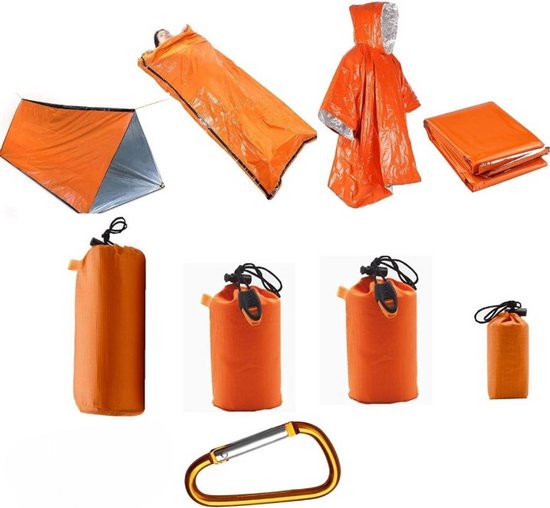 WNHB® Noodtent met nooddeken en slaapzak - 3 delige nooduitrusting - Waterdicht - Compact - Oranje