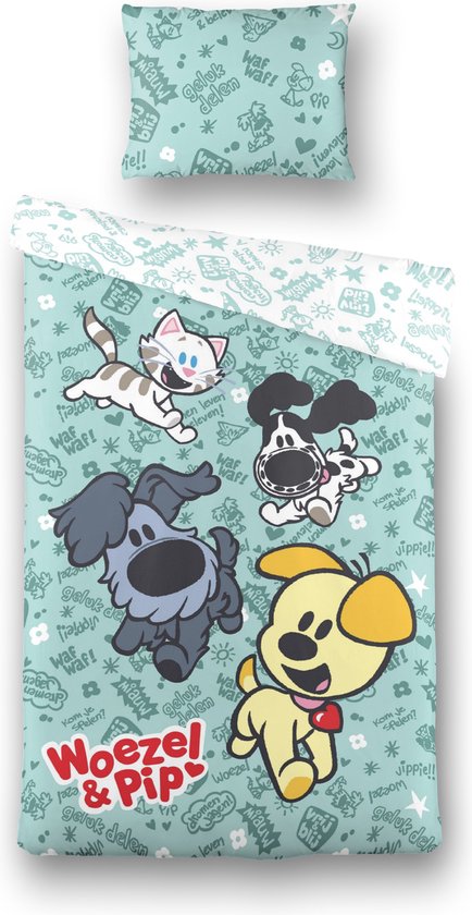 Woezel & Pip Dekbedovertrek Spelen - 140x200 - 100% Katoen - Groen - Sinterklaas cadeautje - Kerst cadeau