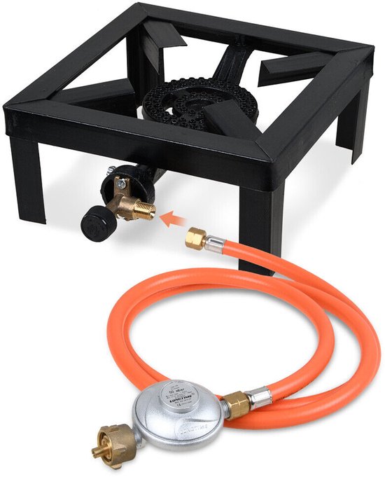 Wokbrander 8 kW - Gietijzer - Draagbaar - Met Vlamregelaar - 1,2 m Slang - 25 x 25 x 11 cm - Camping, Buiten Koken, Grillen