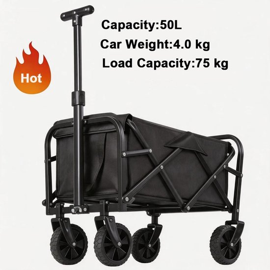 Wolcky Opvouwbare Campingwagen – 50L Bolderkar – 75 kg Draagvermogen – Strandkar – Transportwagen met Verstelbare Handgreep