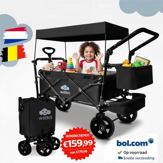 Wölkli Bolderkar opvouwbaar Bolderwagen kinderen kind Black on Black bolderwagen met dak Strandkar | incl. 2x 3-punts gordelsysteem | massief rubberen banden | rem voor en achter | + draagtas van Wölkli