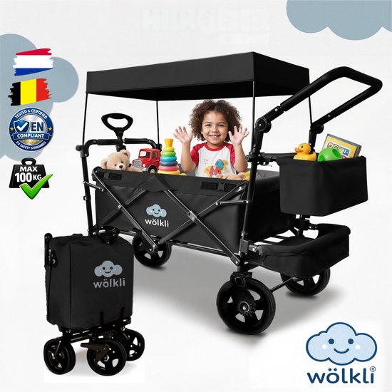 Wölkli opvouwbare Bolderkar met Dak – Kinder Bolderwagen 2 Zitplaatsen – 3-Punts Gordel – Rubber Banden – Rem – Strand & Camping – Zwart bolderwagen kind