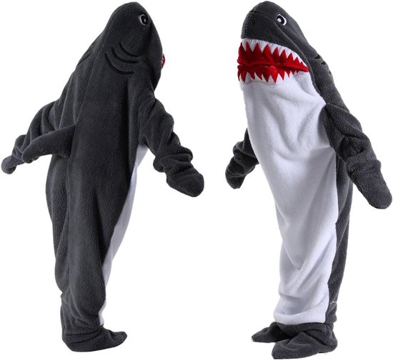 Wollige flanellen cartoon knuffeldeken dier - Draagbare capuchondeken voor volwassenen en kinderen - Donkergrijs haai slaapzak 170 cm van Mikamax