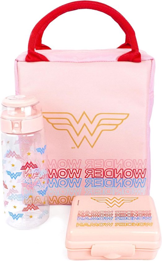 Wonder Woman Lunch Bag - Rechthoekige Tote Stijl - 3-delige set - waterfles en snackcontainer - Superheldenkracht - Roze Schildontwerp - volwassenen en kinderen - duurzaam materiaal Portable Lunch Bag van Thermos