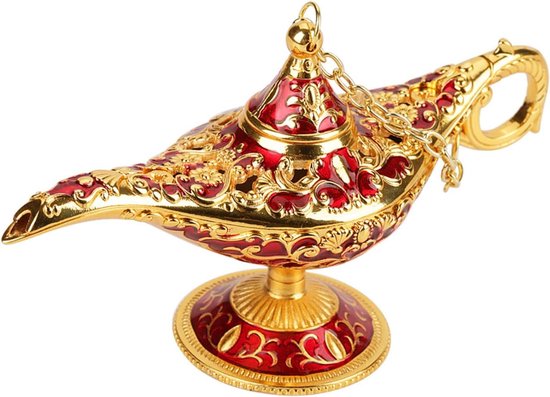 Wonderlamp Decoratie Olie Lamp in Goud Metaal met Rode Design, Magische Sfeer, 12 x 4.5 x 6.5 cm, Perfect voor Feestdagen en Interieurdecoratie