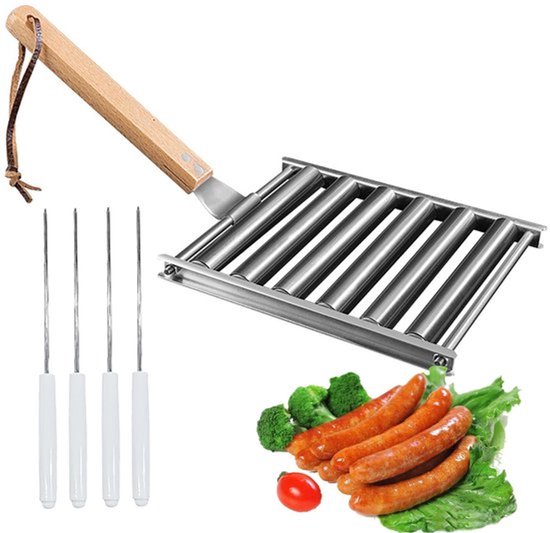 Worstroller Roestvrij Staal - 5-Roller Grill - BBQ Accessoires - Houten Handvat - Afneembaar Ontwerp - 18 x 24.2 cm - Hotdoggrill