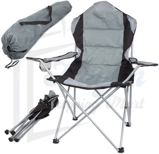 XL Opvouwbare Vissersstoel – Campingstoel, Tuinstoel & Vistoel met Armsteun, Opbergvak en Draagtas – Comfortabel & Stevig – Grijs/Zwart – 18003 van Merkloos