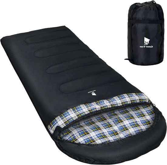 XXL 4 seizoenen flanel campingslaapzak oversized 220 x 100 cm voor volwassenen outdoor rugzakreizen wandelen zwart met blauwe ruiten